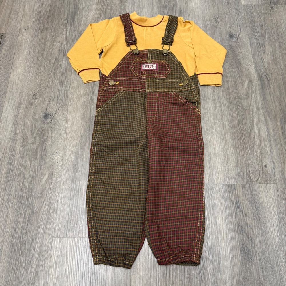 Vintage Liberty Kids 3T Overalls Shirt Set Plaid Colorblock Mustard Made in USA